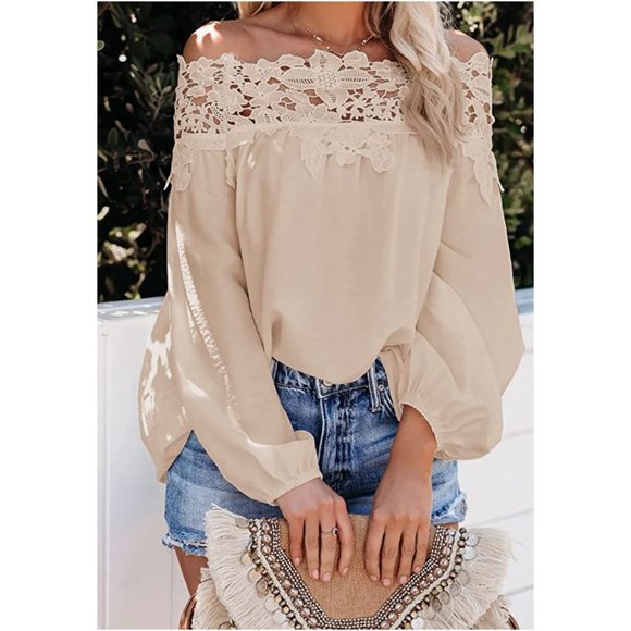 Tops - Apricot Beige Lace Embroidered Off Shoulder Flare Bell Sleeve Blouse Top
